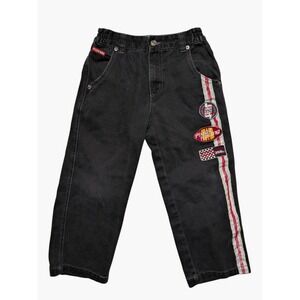 VTG Plugg Racing Jeans Boys 6L Y2K‎ Black Denim Striped Patch Wide